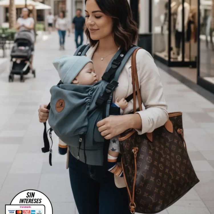 mujer portea a su bebé en portabebés ergonómico