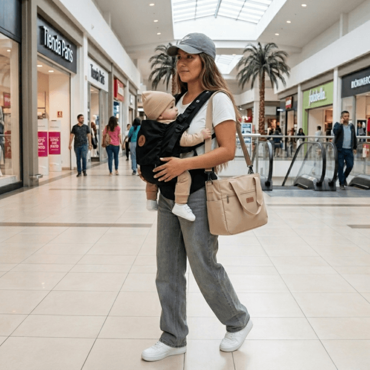 mama-pasea-junto-a-bebe-en-portabebes-ergonomico-en-centro-comercial-en-chile