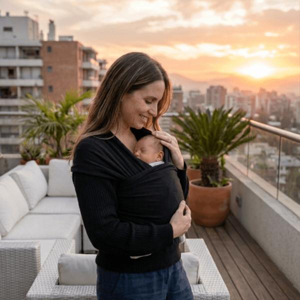 madre con bebé en fular portabebés al atardecer