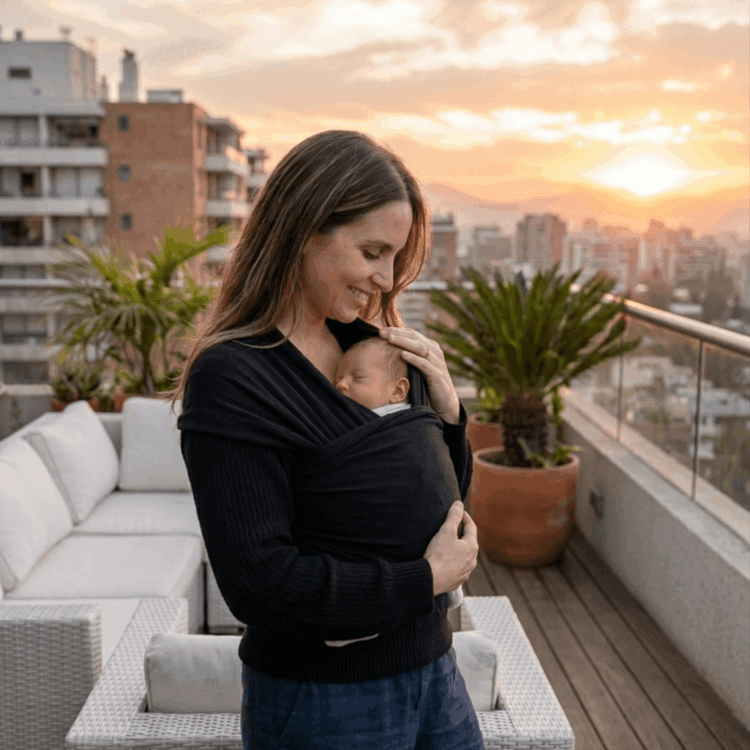 madre con bebé en fular portabebés al atardecer