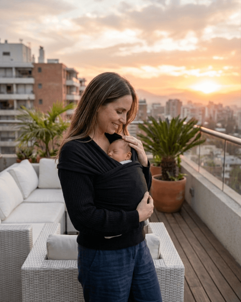 madre con bebé en fular portabebés al atardecer