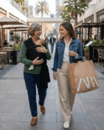 madre, abuela y bebé en fular portabebés en paseo por centro comercial